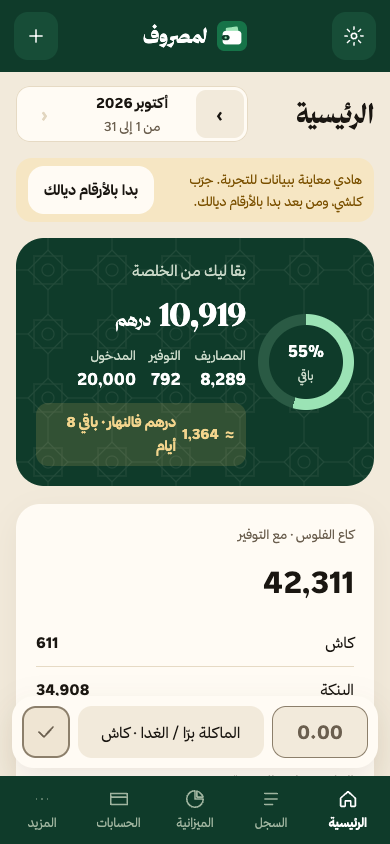 لقطة فعلية للنسخة المحلية من لمصروف، تعرض ملخص الشهر وأرقامًا تجريبية